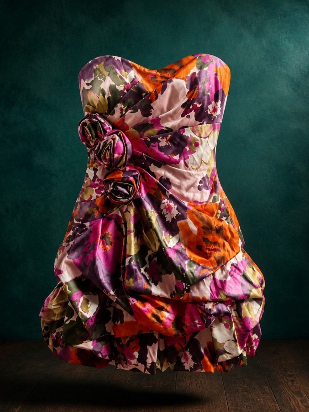 Homecoming XOXO Dress Vibrant Floral Y2K Retro Bubble Hem Strapless Size 7 4016